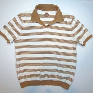Common People Fry Knitted Polo Shirt Tan Brown Stripe Size S Cotton Preppy